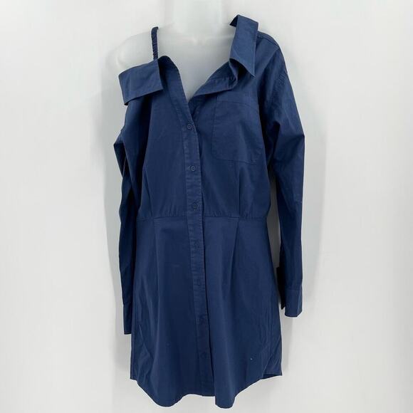 MONROW Stretch Poplin Mini Shirt Dress French Navy Off Shoulder Medium NEW - Picture 5 of 11